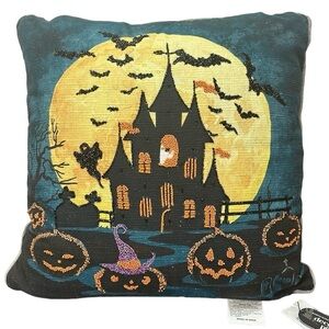 Feelin Spooky Beaded Halloween Pillow Haunted House Ghost Pumpkins Bats Moon NWT